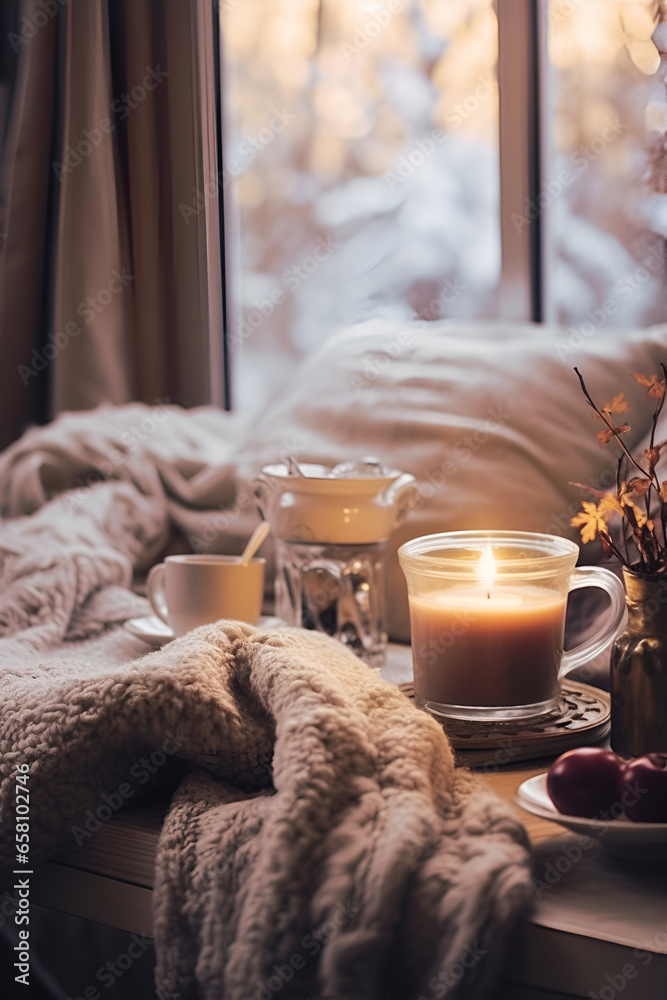 Hygge-inspired setting near the window with warm blanket, candle and hot beverage