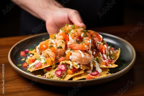 hand holding a plate of shrimp nachos