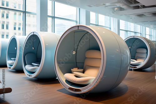  Sleek and comfortable nap pods provide a space for quick power naps and revitalization within an open space office photo