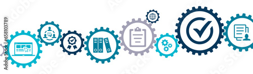 Quality management banner vector illustration with QA assurance and QC control and improvements with icons of compliance to regulations and standards certification and standardization concept