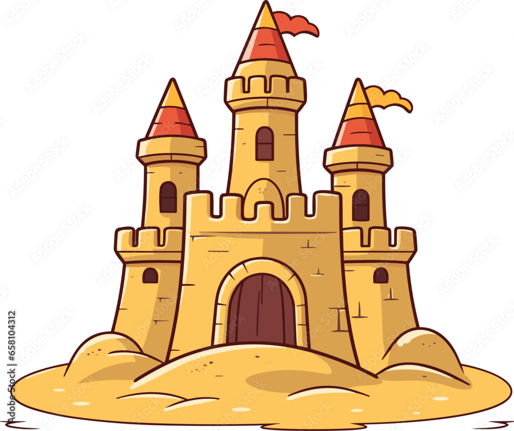 Cartoon sandcastle on the beach happy childhood hobby building vector on white background