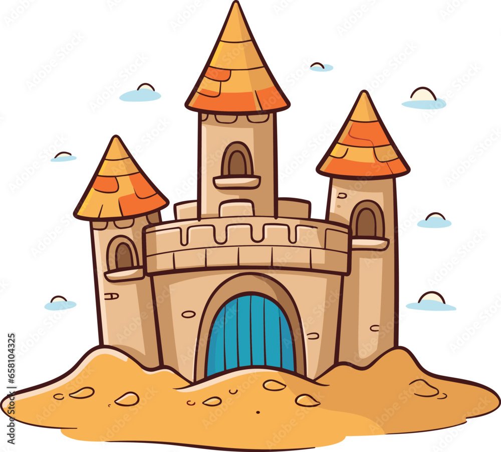 Cartoon sandcastle on the beach happy childhood hobby building vector on white background
