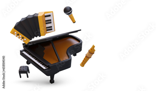 Open black grand piano, stool, accordion, flute, microphone. Floating vector objects. Vector concept of concert, orchestra. Composition on white background. Musical evening, event