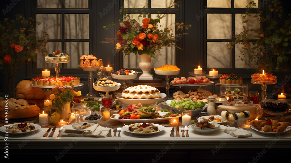 An exquisitely set Thanksgiving table adorned with an abundance of delectable dishes, surrounded by family and friends. This image captures the awesome essence of Thanksgiving feasting. An exquisitely set Thanksgiving table adorned with an abundance of delectable dishes, surrounded by family and friends. This image captures the awesome essence of Thanksgiving feasting.