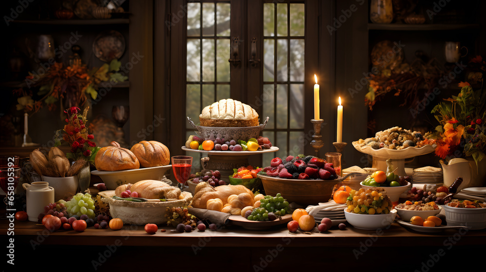 An exquisitely set Thanksgiving table adorned with an abundance of delectable dishes, surrounded by family and friends. This image captures the awesome essence of Thanksgiving feasting.