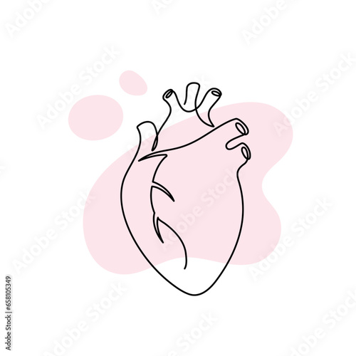 Healthcare one line concept. Vector healthcare linear illustration. Heart anatomy symbol silhouette on pink splash isolated on white background. Design element for health care, cardiology