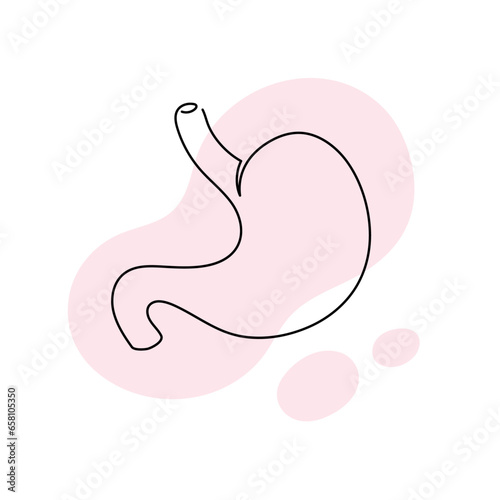 Healthcare one line concept. Vector healthcare linear illustration. Stomach intestine anatomy symbol silhouette on pink splash isolated on white background. Design for health care, gastroenterology