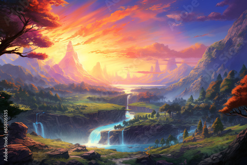 A Journey Through Nature: A Vibrant Colorful  Panoramic Painting of a Majestic Mountainous Landscape with a River (Wallpaper) © Jewily