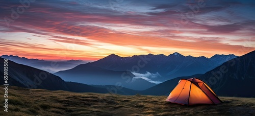 Sunrise serenity. Camping amidst mountain beauty. Mountains retreat. Tenting in nature embrace. Hiking adventure. Tenting under colorful sunset sky