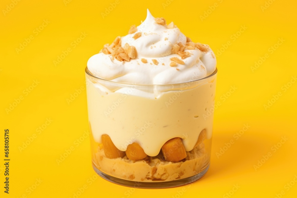 close-up of a creamy banana pudding on a yellow background - obrazy, fototapety, plakaty 