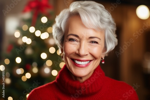 christmas, holidays and people concept - smiling senior woman in red sweater over living room background