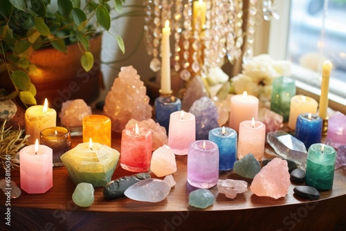 pastel-colored candles with healing crystals