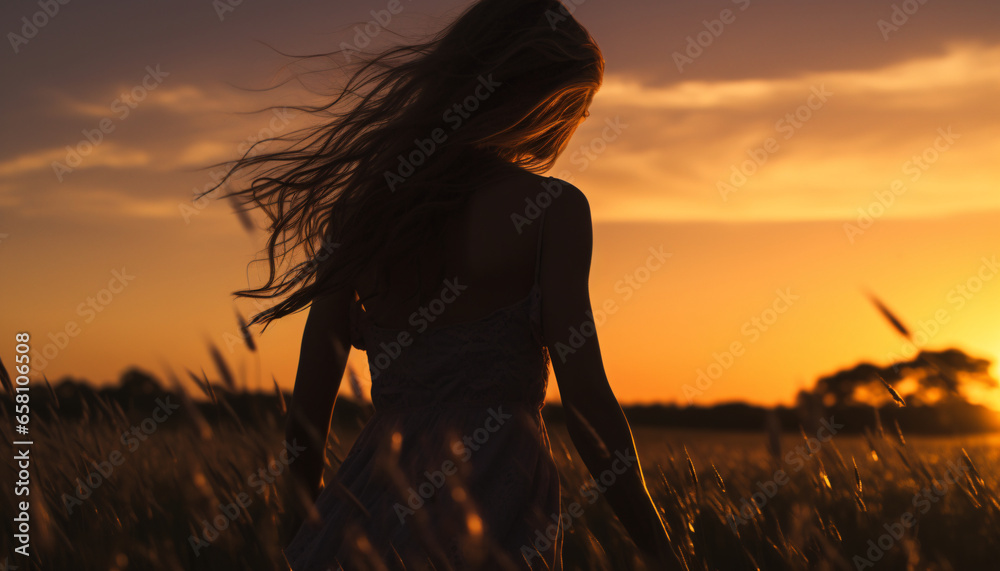 girl or young woman in sunset in the field