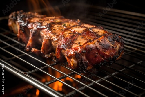 bbq ribs inside a steel grill cage