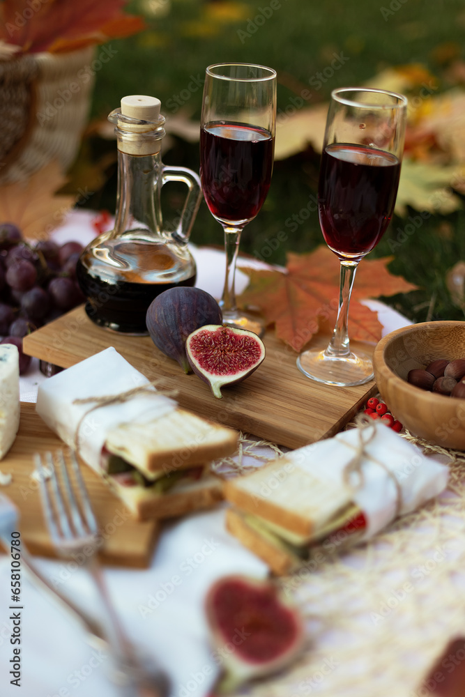 Glasses red wine with cheese, fruits and sandwiches on lawn in autumn garden or park. Picnic in nature. Food still life outdoors