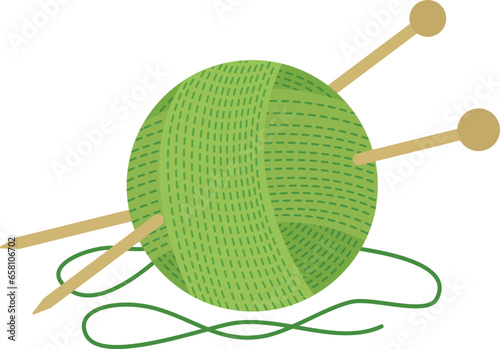 Vector illustration of a ball of threads and knitting needles. Colorful needlework logo. 