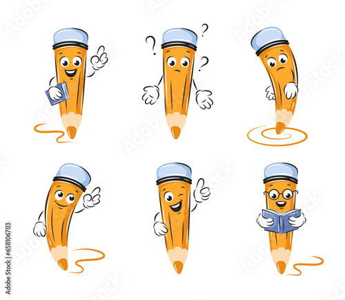 Set of cartoon pencils with faces. Pencil reads a book, thinks, is sad, points with a finger, gives ok. Vector illustration stationery for children design or school.