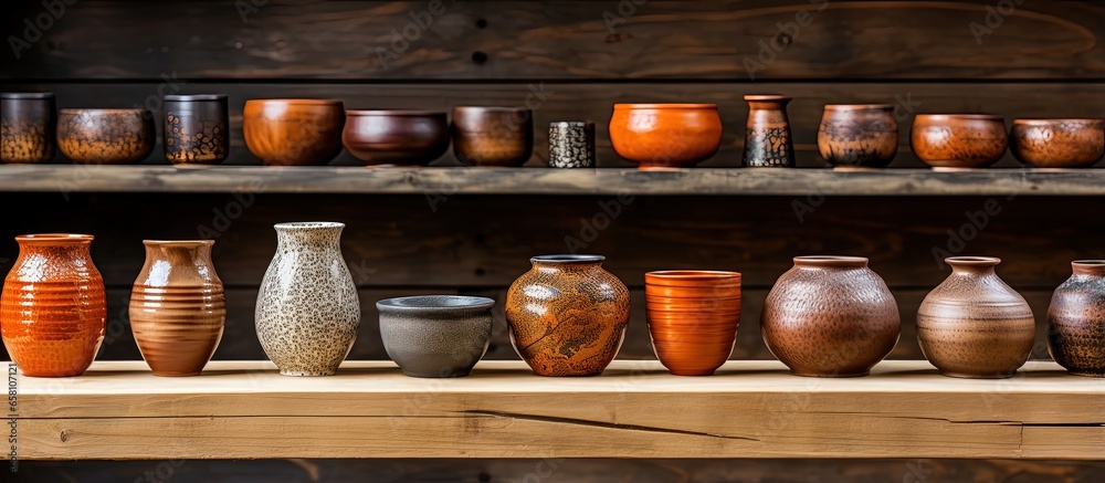 Various artisan clay bowls displayed in a potter s store or creative studio alongside handmade ceramic crockery and craft pottery jug jars and cups