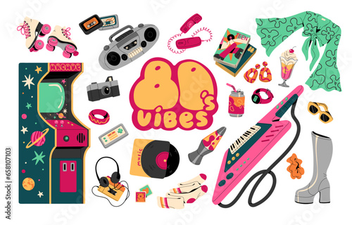 Retro 80s, 1980s vibe set. Nostalgia of 90s, soda, game machine, cassette, boombox, vinyl, lava lamp, roller skate. Retrowave stickers. Eighties style flat isolated vector illustration on white