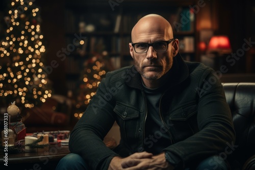 Portrait of a bald man in a leather jacket with glasses.