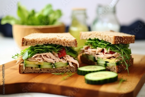 shot of two sandwiches filled with tuna and cucumber  with side salad
