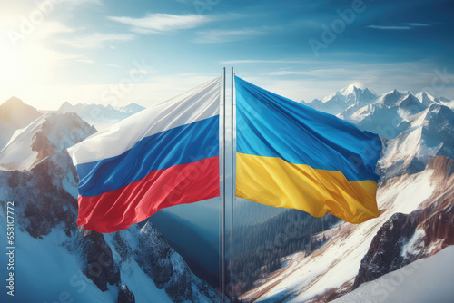 Russia and Ukraine flag waving in the wind against snowy mountains under blue sky. Created with Generative AI tools