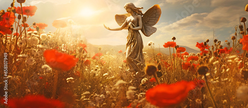 Statue of angel in poppy field. AI generated.