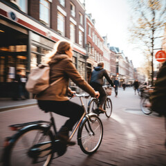 amsterdam bicycle riders with background blurred.