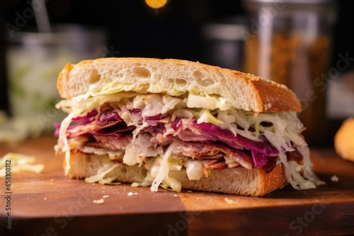 close-up shot of a sandwich half with sauerkraut falling out