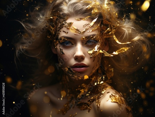Young beautiful girl in golden glitter makeup