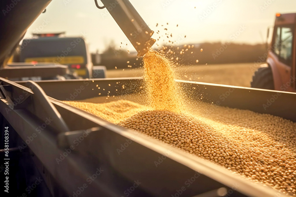 A combine pours freshly harvested corn, maize or soybean seeds into a container trailer nearby, close-up detail, midday sun. Agriculture concept. - obrazy, fototapety, plakaty 