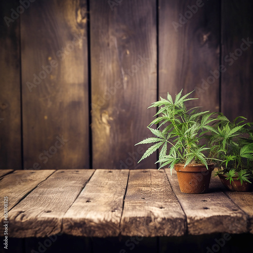 Empty rustic old wooden table for copy space with potted cannabis plants in the background.