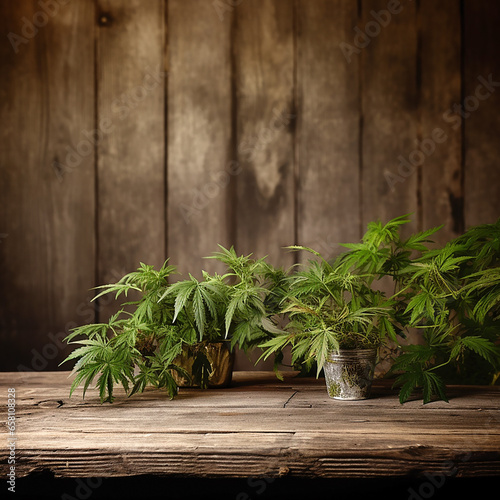 Empty rustic old wooden boards table copy space with cannabis plants in background. Product display template.