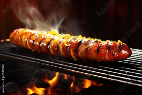 side view of a sausage being grilled on a barbecue