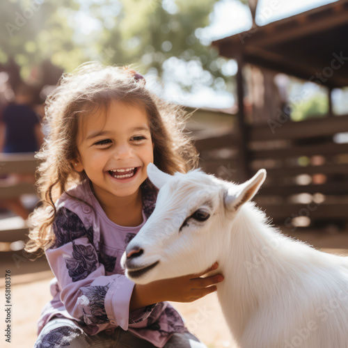 child petting an animal at a petting zoo. © mindstorm