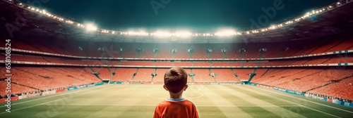Kid standing in soccer stadium future dream to be a professional footballer. Banner.
