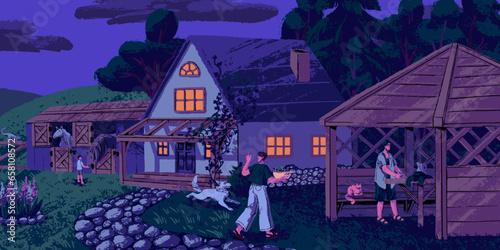 House in village. People, family with kid, dog, horses on cottagecore yard at summer night. Rural lifestyle, life on farmhouse. Countryside landscape, country nature. Flat vector illustration