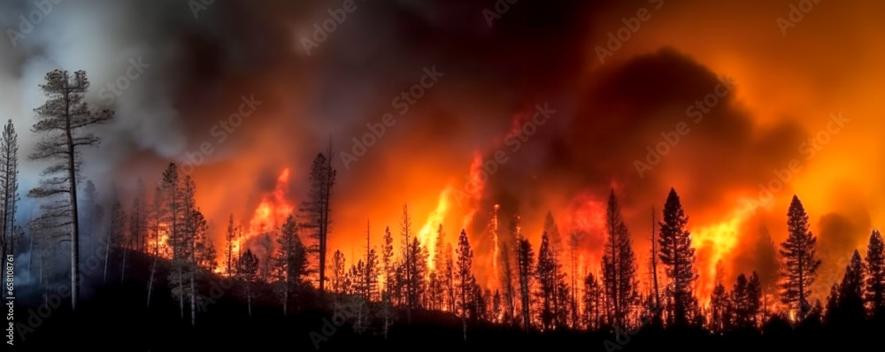 Forest fire in the mountains. Banner