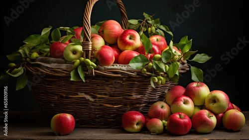 A basket filled with juicy apples on a black background.