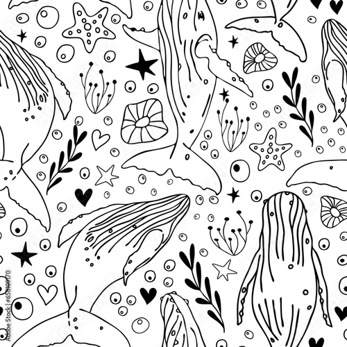 Seamless vector pattern with humpback whales swimming and jumping, seaweed, corals, starfish on a white background