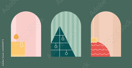 Merry Christmas, Happy New Year set of greeting cards, posters, holiday banner. Simple Xmas festive templates