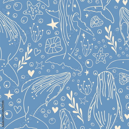 Seamless vector pattern with humpback whales swimming and jumping, seaweed, corals, starfish on a blue background