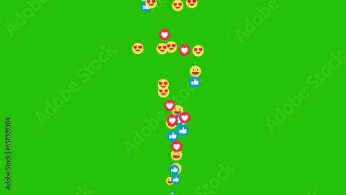 Social media emojis of hearts, likes, heart eyes animation flying moving upwards direction while chatting and streaming meetups on green screen chroma key
