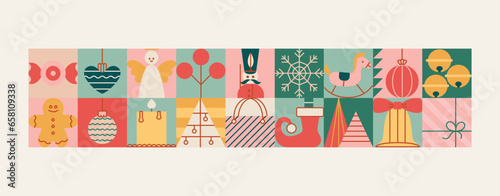 Christmas seamless block banner with toys, balls, star, angel, tree, candy. Vintage style border