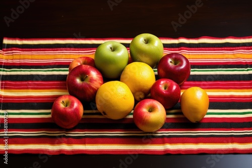 striped kwanzaa mat with fresh fruits on it