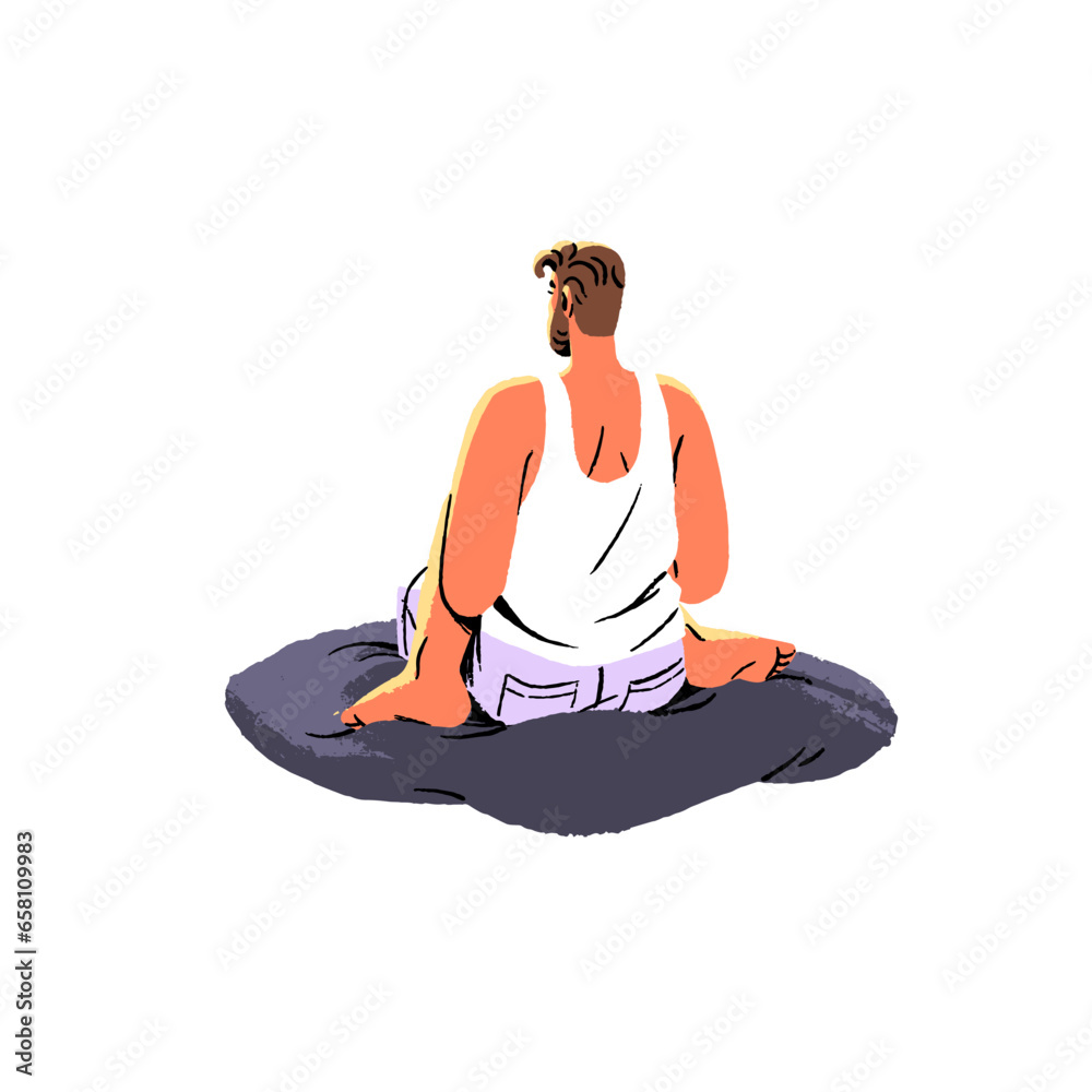 Meditation in retreat back view. Man sitting in yoga asana, pose on pillow. Guy rest, relax, clear his mind. Person care about mental wellness, body. Flat isolated vector illustration on white Meditation in retreat back view. Man sitting in yoga asana, pose on pillow. Guy rest, relax, clear his mind. Person care about mental wellness, body. Flat isolated vector illustration on white