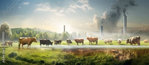 cows in the field with industrial pollution in the background. AI generated. photo