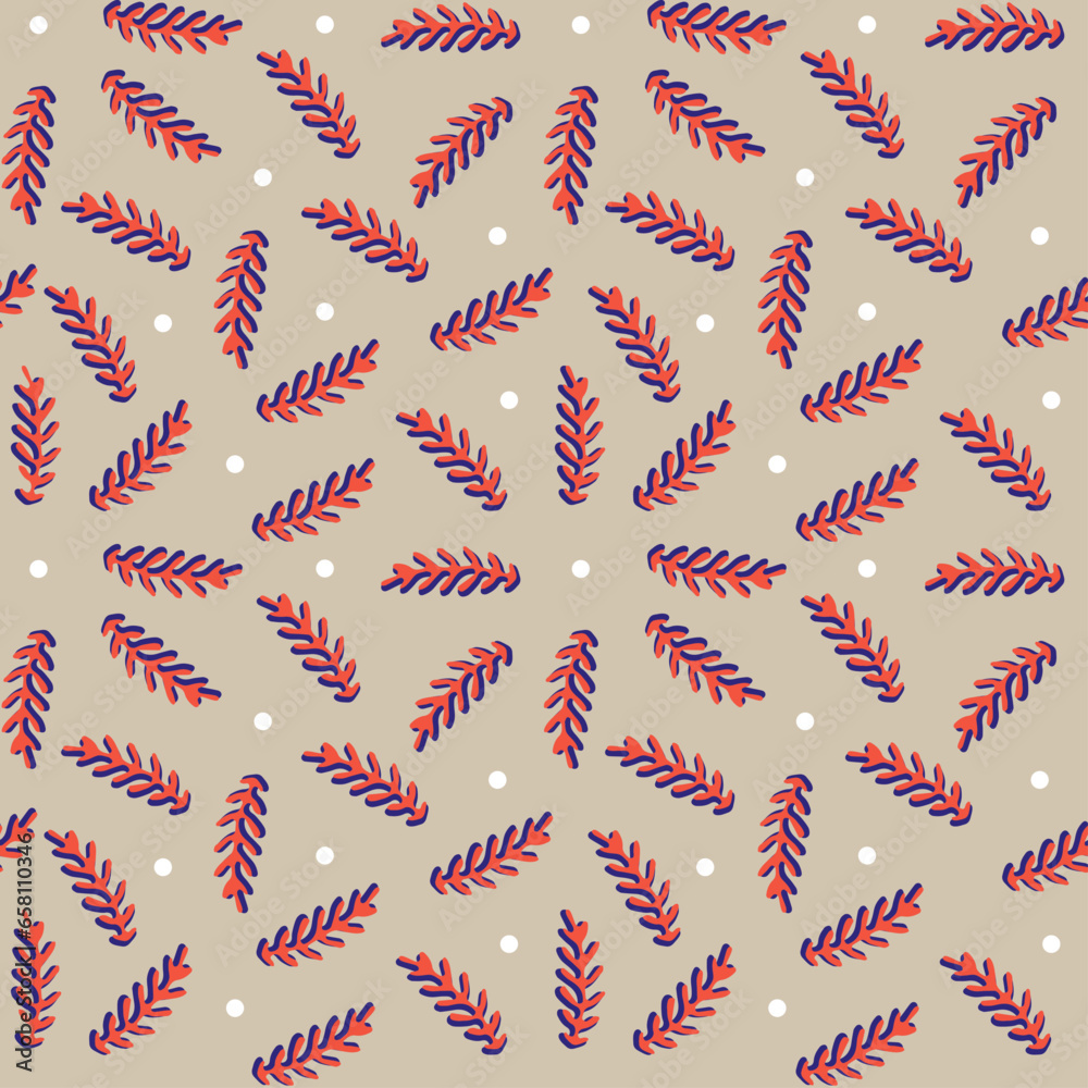 Embroidery floral seamless pattern on linen cloth texture for textile, home decor.Floral Seamless Texture With 3d Leaves.Seamless pattern of a beige leaf pattern with red background in white polka dot Embroidery floral seamless pattern on linen cloth texture for textile, home decor.Floral Seamless Texture With 3d Leaves.Seamless pattern of a beige leaf pattern with red background in white polka dot