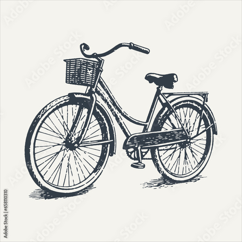 Bicycle with basket. Vintage woodcut engraving style vector illustration.	