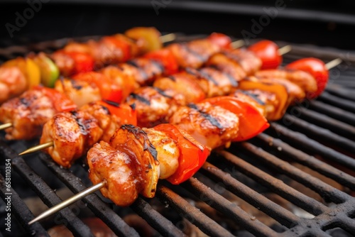 shrimp skewers with char marks on grill